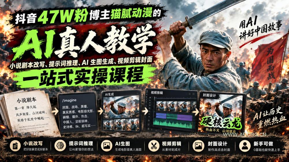 抖音47W粉博主猫腻动漫的AI真人漫剧教学，小说剧本改写、提示词推理、AI生图生成、视频剪辑封面一站式实操课程-小红泡