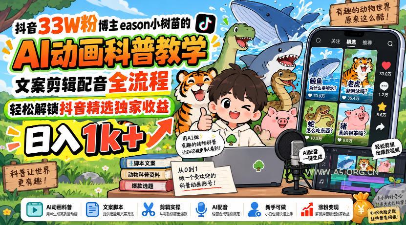 抖音33W粉博主eason小树苗的AI动画科普教学，文案剪辑配音全流程，轻松解锁抖音精选独家收益，日入1k+-小红泡
