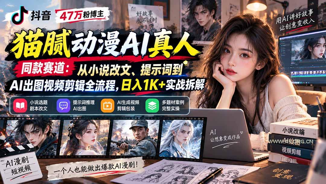 抖音47万粉博主猫腻动漫AI真人同款赛道:从小说改文、提示词到AI出图视频剪辑全流程,日入1K+实战拆解-小红泡