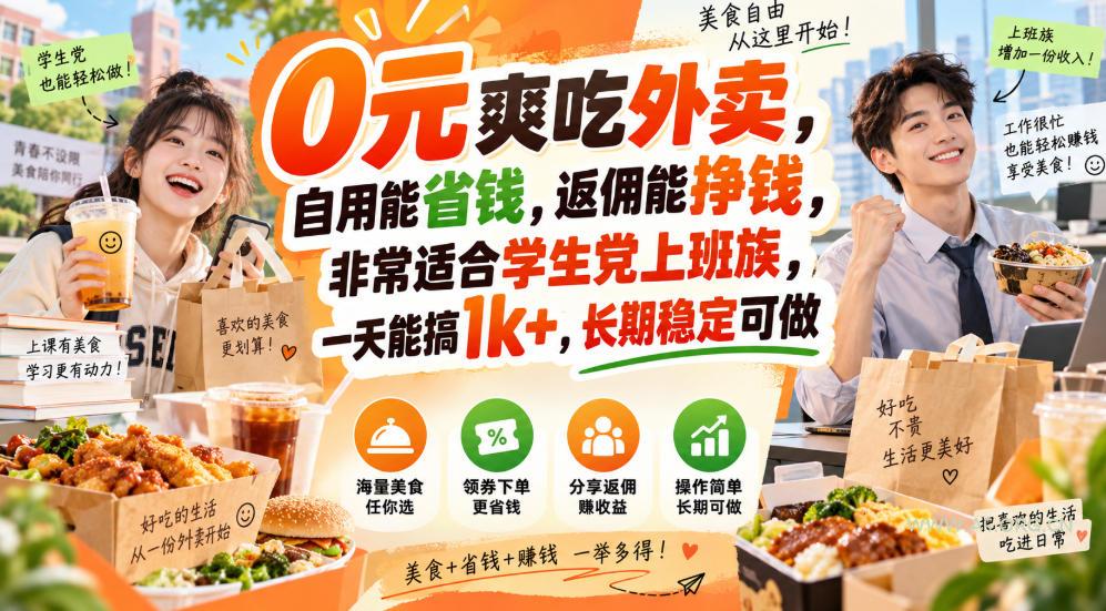 0元爽吃外卖,自用能省钱,返佣能挣钱,非常适合学生党上班族,一天能搞1k+,长期稳定可做-小红泡