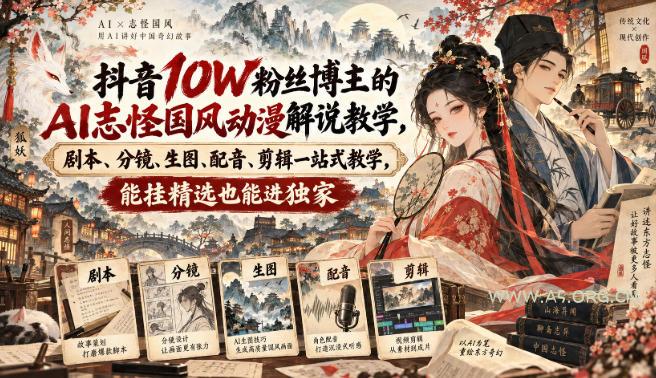 抖音10W粉丝博主满堂诡事的AI志怪国风动漫解说教学,剧本、分镜、生图、配音、剪辑一站式教学,能挂精选也能进独家-小红泡