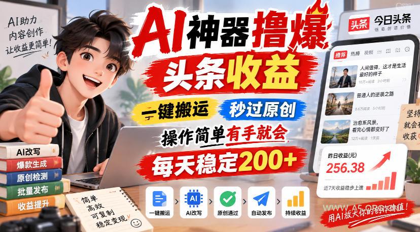 AI神器撸爆头条收益,一键搬运,秒过原创,操作简单有手就会,每天稳定200+【揭秘】-小红泡