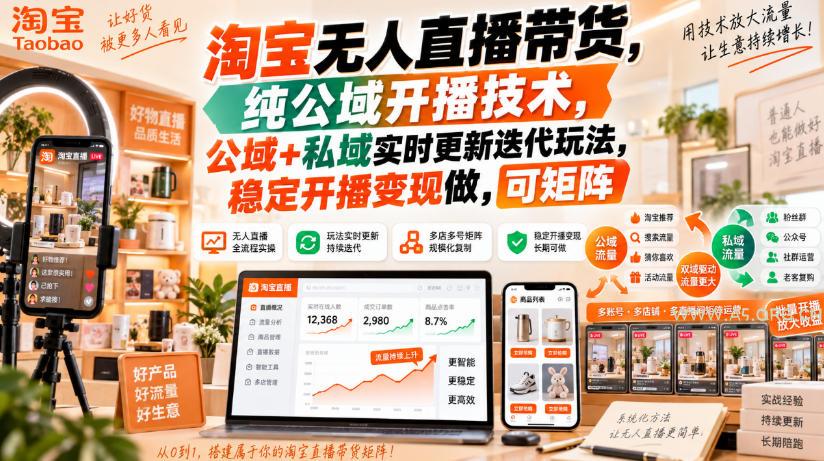 淘宝无人直播带货，纯公域开播技术，公域+私域实时更新迭代玩法，稳定开播变现做，可矩阵【揭秘】-小红泡