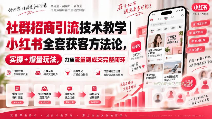 社群招商引流技术教学|小红书全套获客方法论,实操+爆量玩法,打通流量到成交完整闭环-小红泡