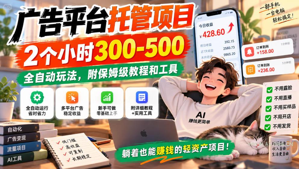 广告平台托管项目,2个小时300-500,全自动玩法,附保姆级教程和工具,小白照着就能做【揭秘】-小红泡