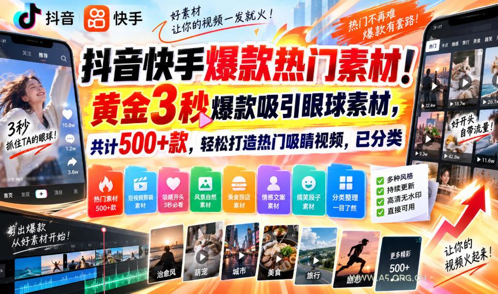 抖音快手爆款热门素材!黄金3秒爆款吸引眼球素材,共计500+款,轻松打造热门吸睛视频,已分类-小红泡