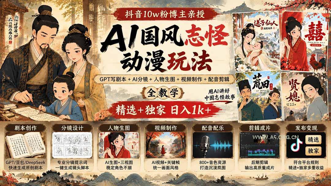 抖音10w粉博主亲授AI国风志怪动漫玩法|GPT写剧本+AI分镜+人物生图+视频制作+配音剪辑全教学|精选+独家日入1k+-小红泡