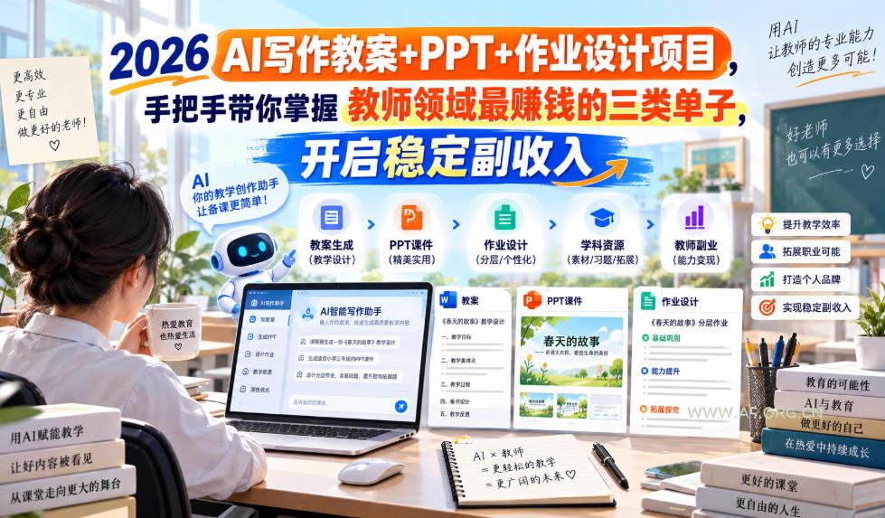2026 AI写作教案+PPT+作业设计项目,手把手带你掌握教师领域最賺钱的三类单子,开启稳定副收入-小红泡