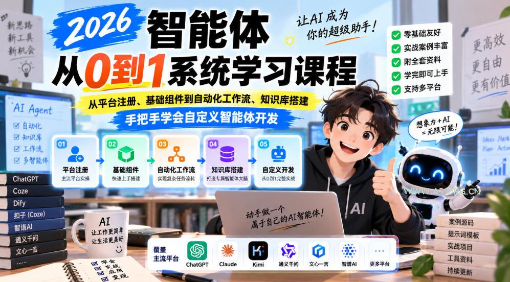 2026智能体从0到1系统学习课程,从平台注册、基础组件到自动化工作流、知识库搭建,手把手学会自定义智能体开发-小红泡