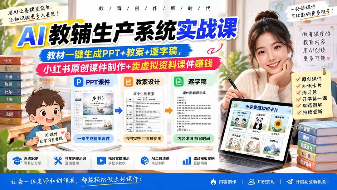 AI教辅生产系统实战课|教材一键生成PPT+教案+逐字稿,小红书原创课件制作+卖虚拟资料课件赚钱-小红泡