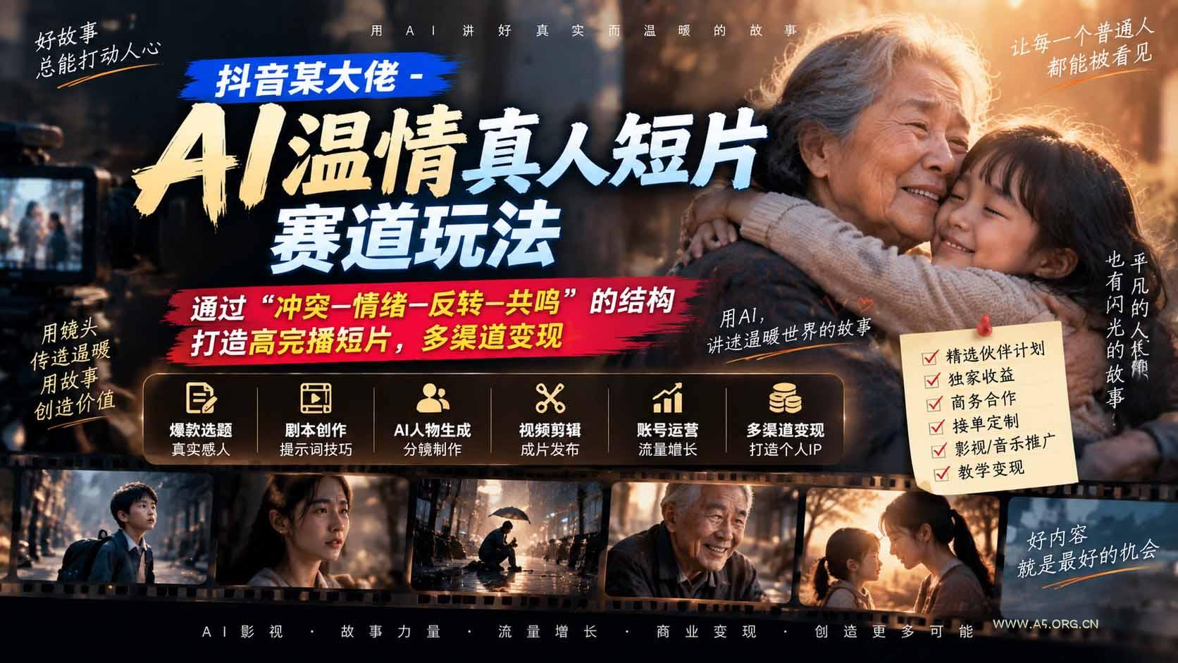 抖音某大佬-AI温情真人短片赛道玩法:通过“冲突—情绪—反转—共鸣”的结构打造高完播短片,多渠道变现-小红泡