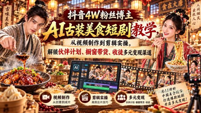 抖音4W粉丝博主AI古装美食短剧教学,从视频制作到剪辑实操,解锁伙伴计划、橱窗带货、收徒多元变现渠道-小红泡