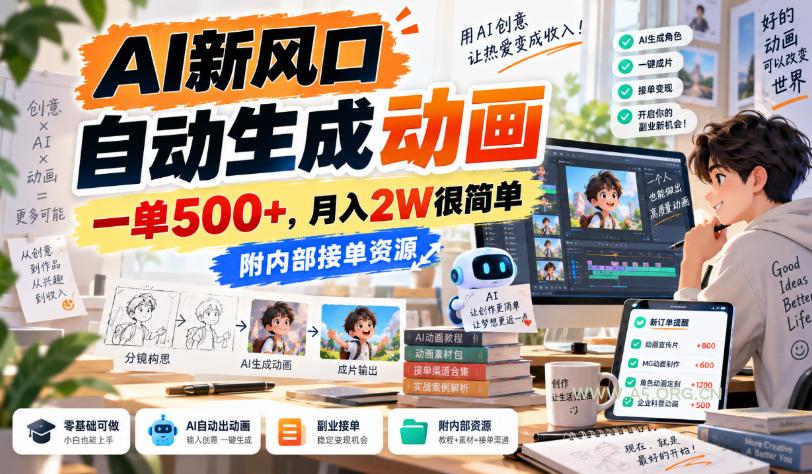 AI新风口，自动生成动画，一单500+，月入2W很简单，附内部接单资源【揭秘】-小红泡