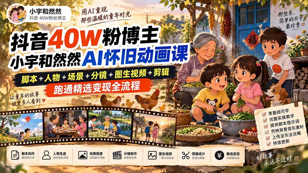 抖音40W粉博主小宇和然然AI怀旧动画课|脚本+人物+场景+分镜+图生视频+剪辑,跑通精选变现全流程-小红泡