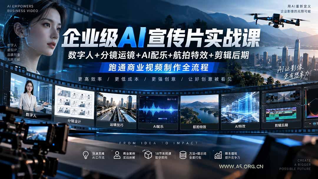 企业级AI宣传片实战课|数字人+分镜运镜+AI配乐+航拍特效+剪辑后期,跑通商业视频制作全流程-小红泡