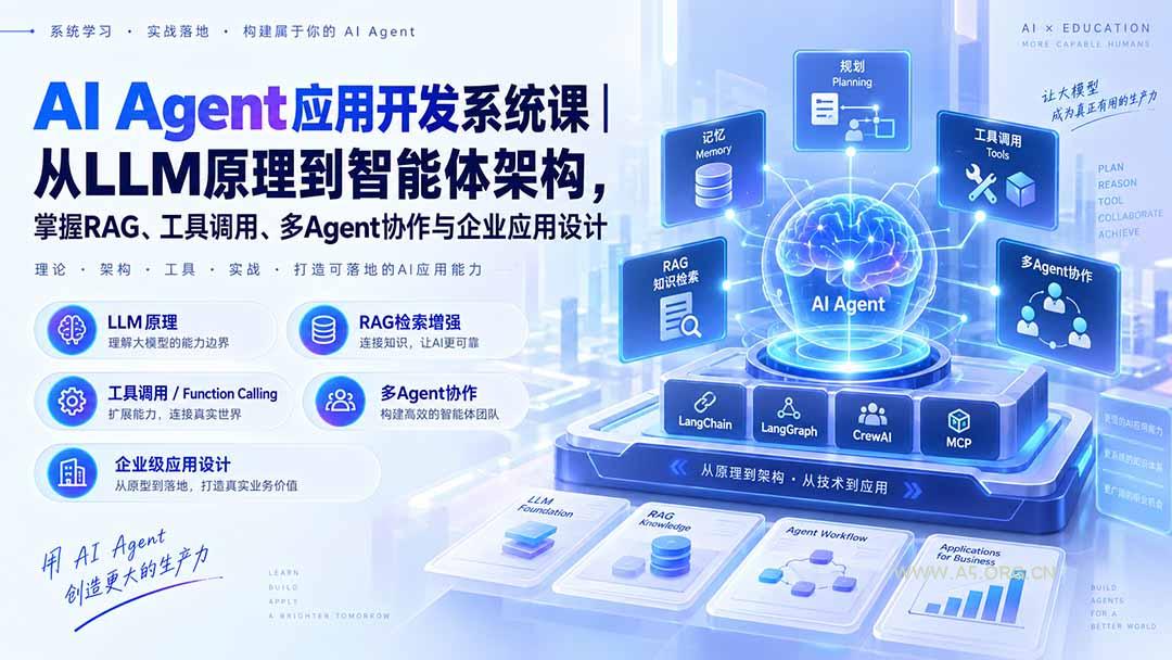 AI Agent应用开发系统课-179节|从LLM原理到智能体架构,掌握RAG、工具调用、多Agent协作与企业应用设计-小红泡