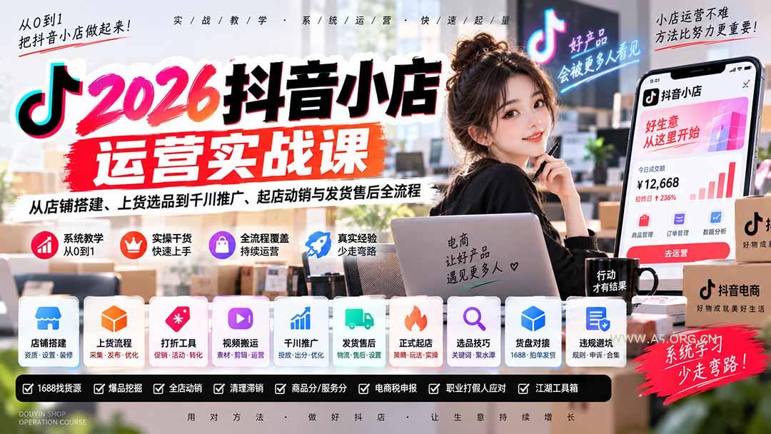 2026抖音小店运营实战课｜从店铺搭建、上货选品到千川推广、起店动销与发货售后全流程-小红泡