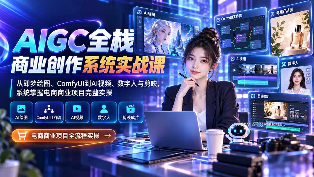 AIGC全栈商业创作系统实战课-无水印：从即梦绘图、ComfyUI到AI视频、数字人与剪映，系统掌握电商商业项目完整实操-小红泡