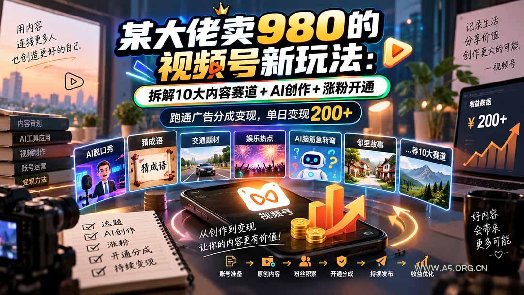 某大佬卖980的视频号新玩法:拆解10大内容赛道+AI创作+涨粉开通,跑通广告分成变现,单日变现200+-小红泡