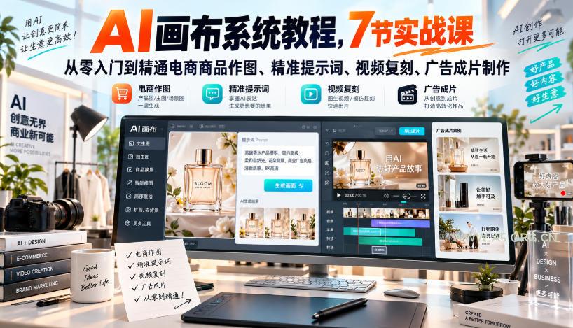 AI画布系统教程,7节实战课从零入门到精通电商商品作图、精准提示词、视频复刻、广告成片制作-小红泡