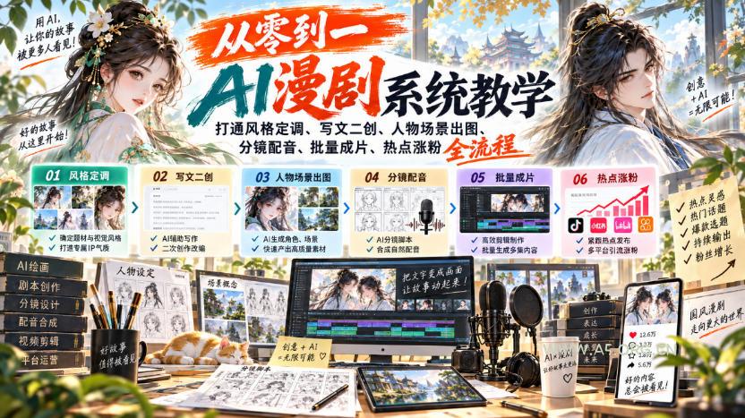 从零到一AI漫剧系统教学,打通风格定调、写文二创、人物场景出图、分镜配音、批量成片、热点涨粉全流程-小红泡