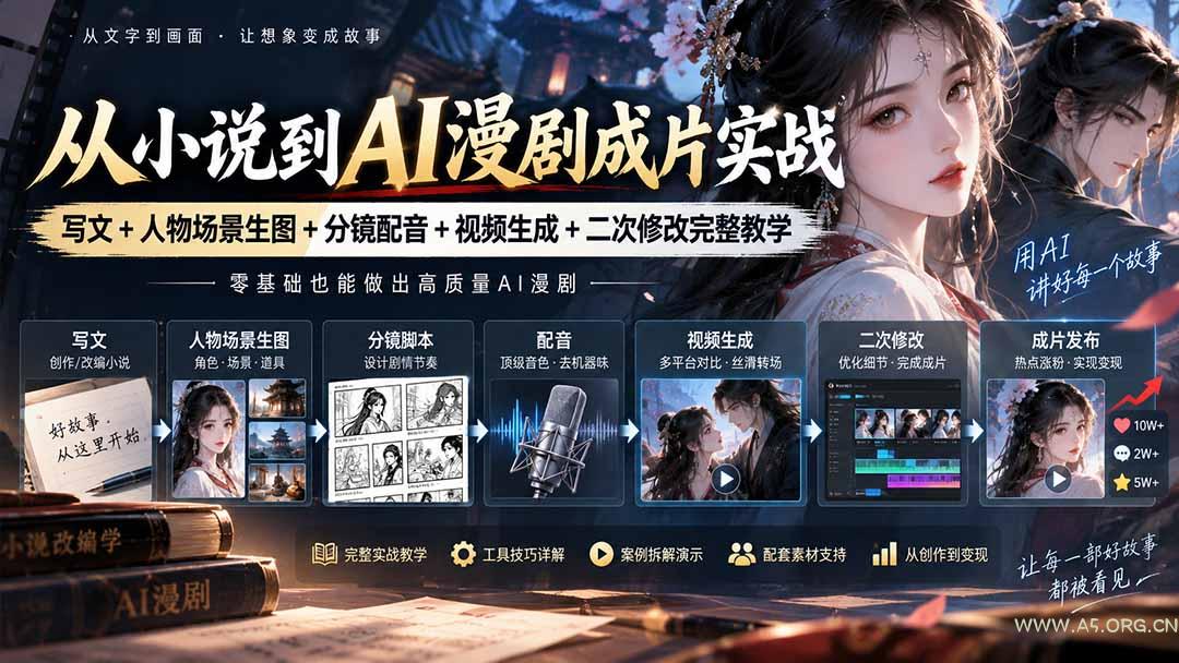 从小说到AI漫剧成片实战:写文+人物场景生图+分镜配音+视频生成+二次修改完整教学-小红泡