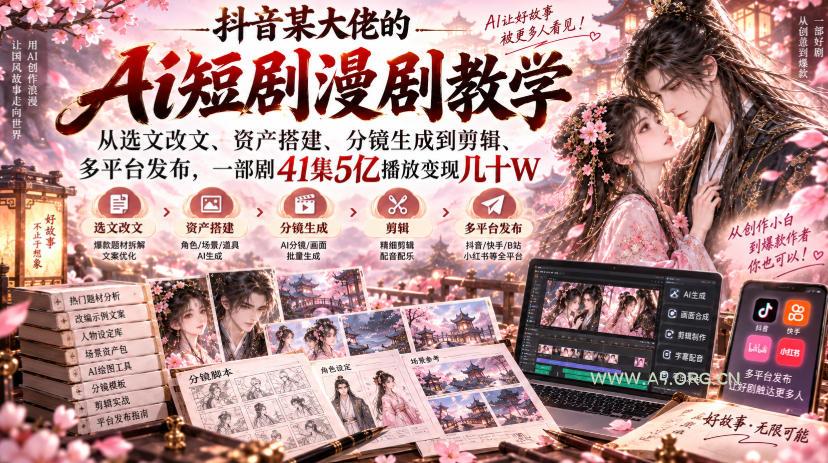 抖音某大佬的Ai短剧漫剧教学，从选文改文、资产搭建、分镜生成到剪辑、多平台发布，一部剧41集5亿播放变现几十W-小红泡