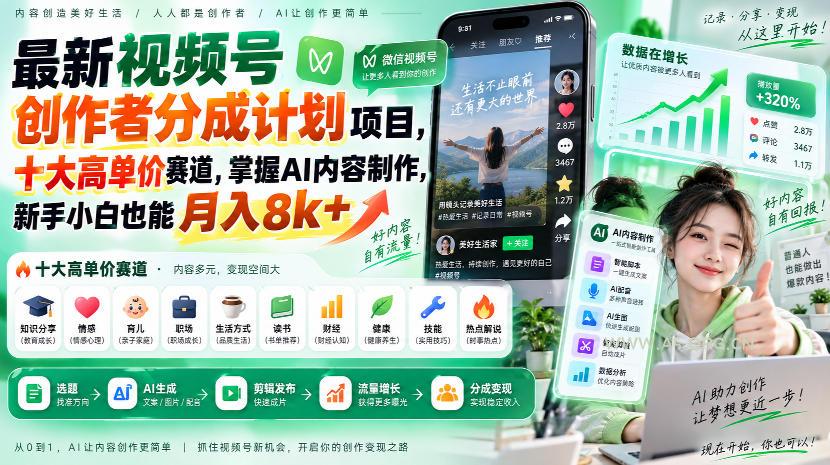 最新视频号创作者分成计划项目,十大高单价赛道,掌握AI内容制作,新手小白也能月入8k+-小红泡