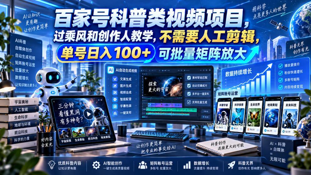 百家号科普类视频项目,过乘风和创作人教学,不需要人工剪辑,单号日入100+可批量矩阵放大-小红泡