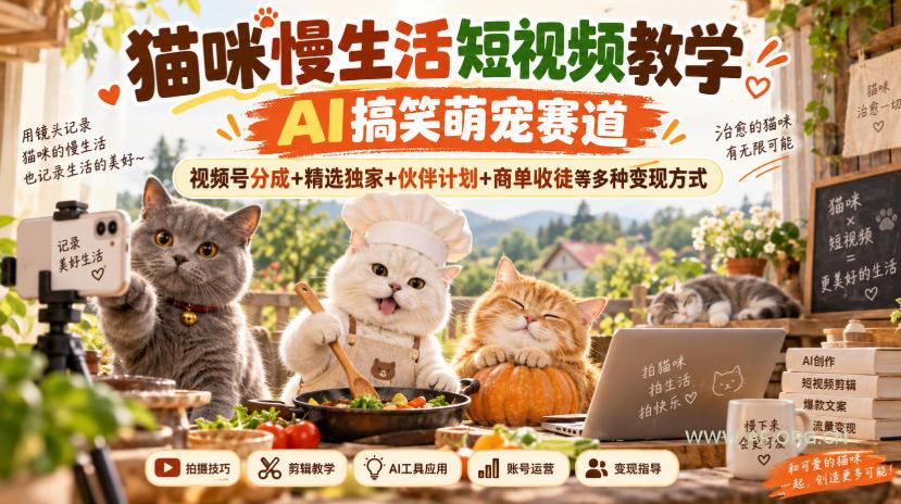 猫咪慢生活短视频教学，AI搞笑萌宠赛道，视频号分成+精选独家+伙伴计划+商单收徒等多种变现方式-小红泡