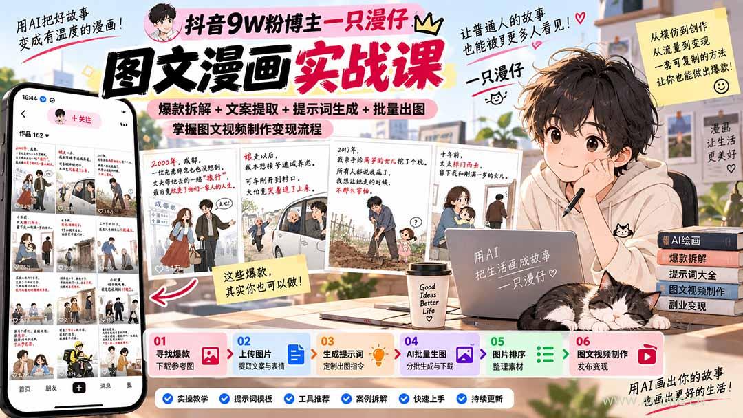 抖音9W粉博主一只漫仔图文漫画课:爆款拆解+文案提取+提示词生成+批量出图,掌握图文视频制作变现流程-小红泡