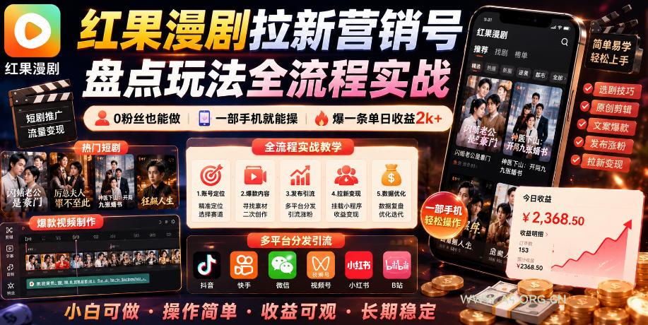 红果漫剧拉新营销号盘点玩法全流程实战，0粉丝也能做，一部手机就能做，爆一条单日收益2k+(更新0922)-小红泡