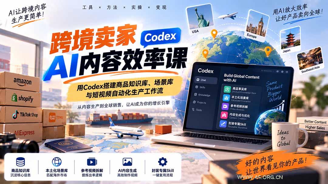 跨境卖家AI内容效率课:用Codex搭建商品知识库、场景库与短视频自动化生产工作流-小红泡