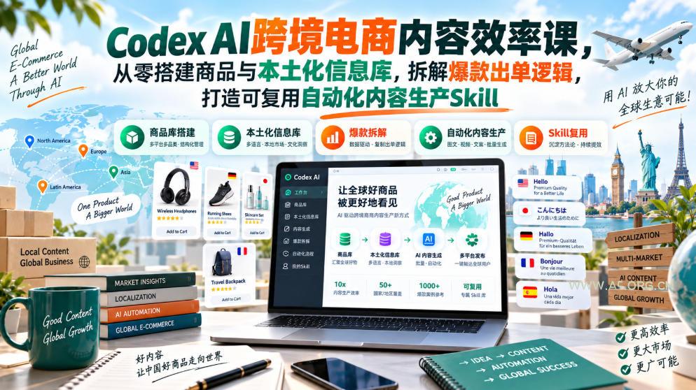 Codex AI跨境电商内容效率课,从零搭建商品与本土化信息库,拆解爆款出单逻辑,打造可复用自动化内容生产Skill-小红泡