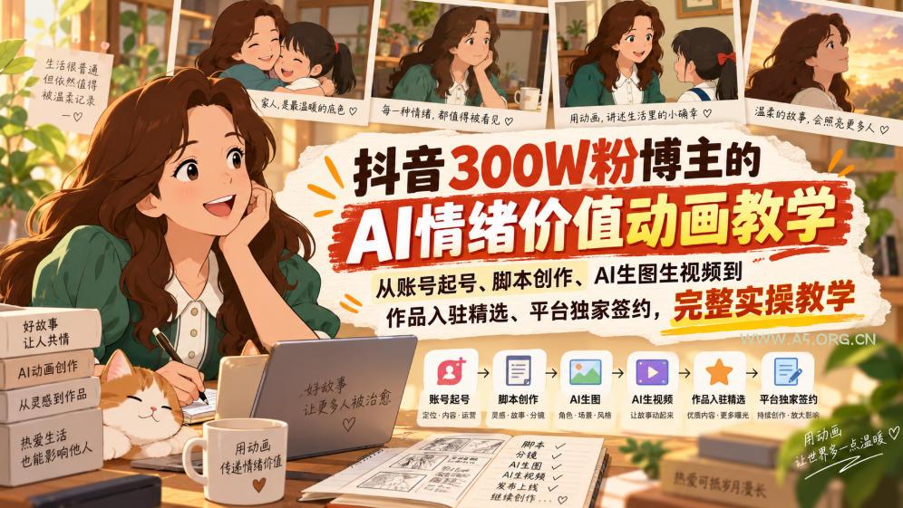 抖音300W粉博主的AI情绪价值动画教学，从账号起号、脚本创作、AI生图生视频到作品入驻精选、平台独家签约，完整实操-小红泡