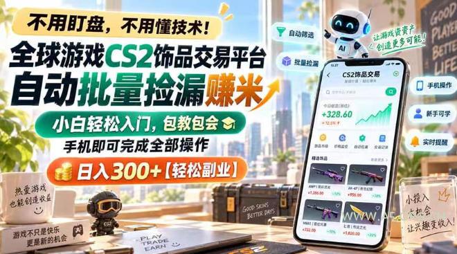 全球游戏CS2饰品交易平台自动批量捡漏賺米,小白轻松入门,包教包会,手机即可完成全部操作,日入300+【揭秘】-小红泡