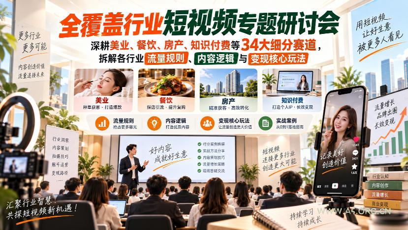 短视频专题研讨会,深耕美业、餐饮、房产、知识付费等34大细分赛道,拆解各行业流量规则、内容逻辑与变现核心玩法-小红泡