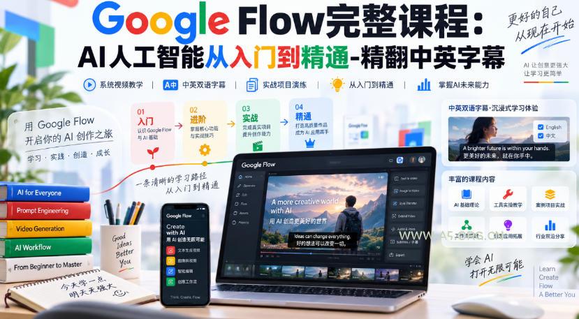 【无水印】Google Flow完整课程:AI人工智能从入门到精通-精翻中英字幕-小红泡