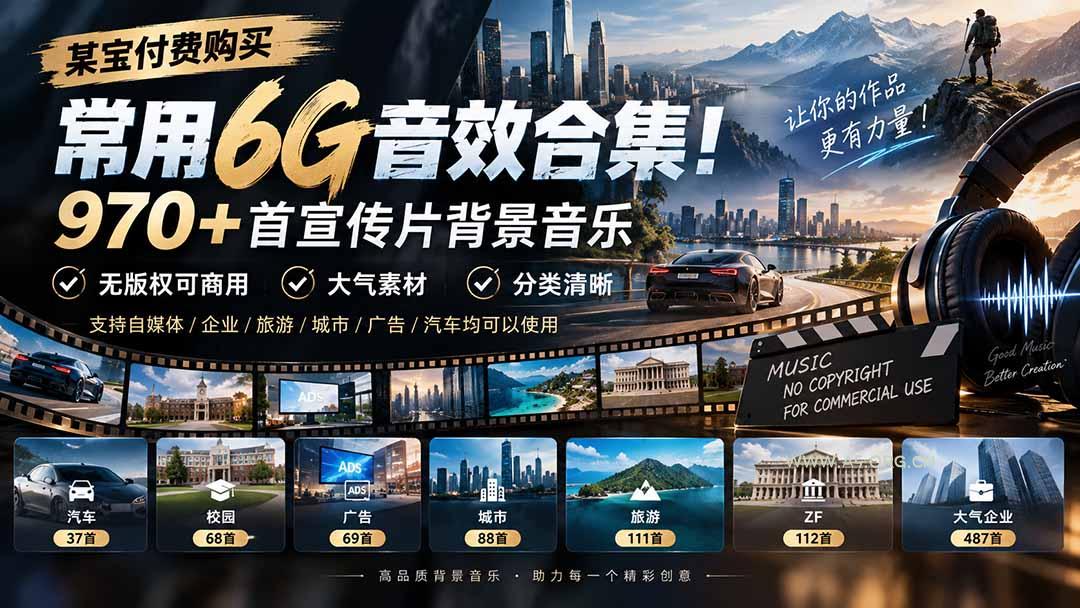 某宝付费购买,常用6G音效合集!970+首宣传片背景音乐,无版权可商用大气素材,分类清晰-小红泡