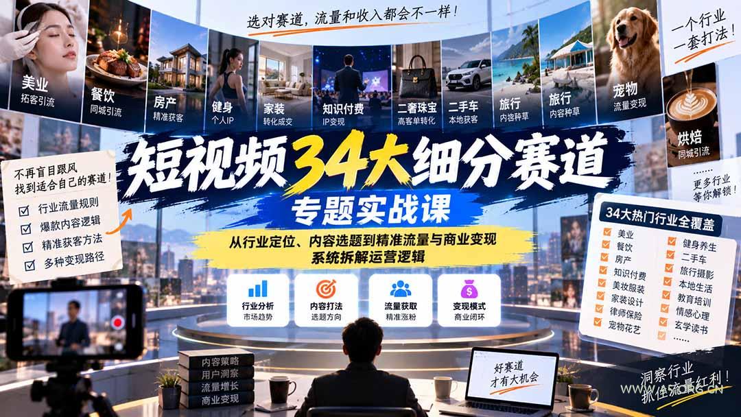 短视频34大细分赛道专题实战课:从行业定位、内容选题到精准流量与商业变现,系统拆解运营逻辑-小红泡
