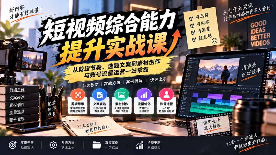 短视频综合能力提升实战课:从剪辑节奏、选题文案到素材创作与账号流量运营一站掌握-小红泡
