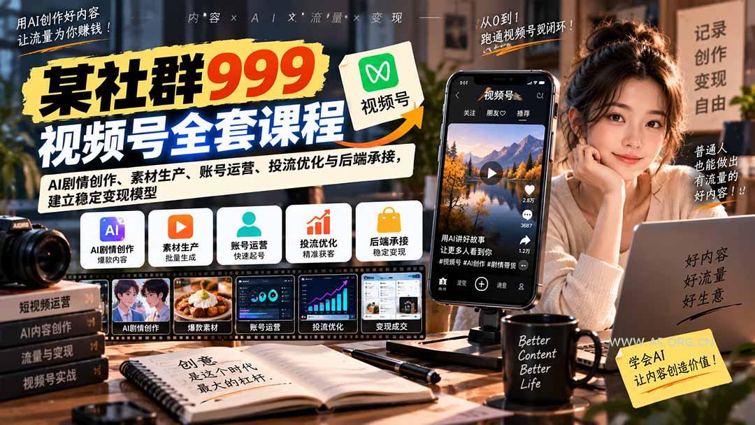 【无水印】某社群999视频号全套课程:AI剧情创作、素材生产、账号运营、投流优化与后端承接,建立稳定变现模型-小红泡