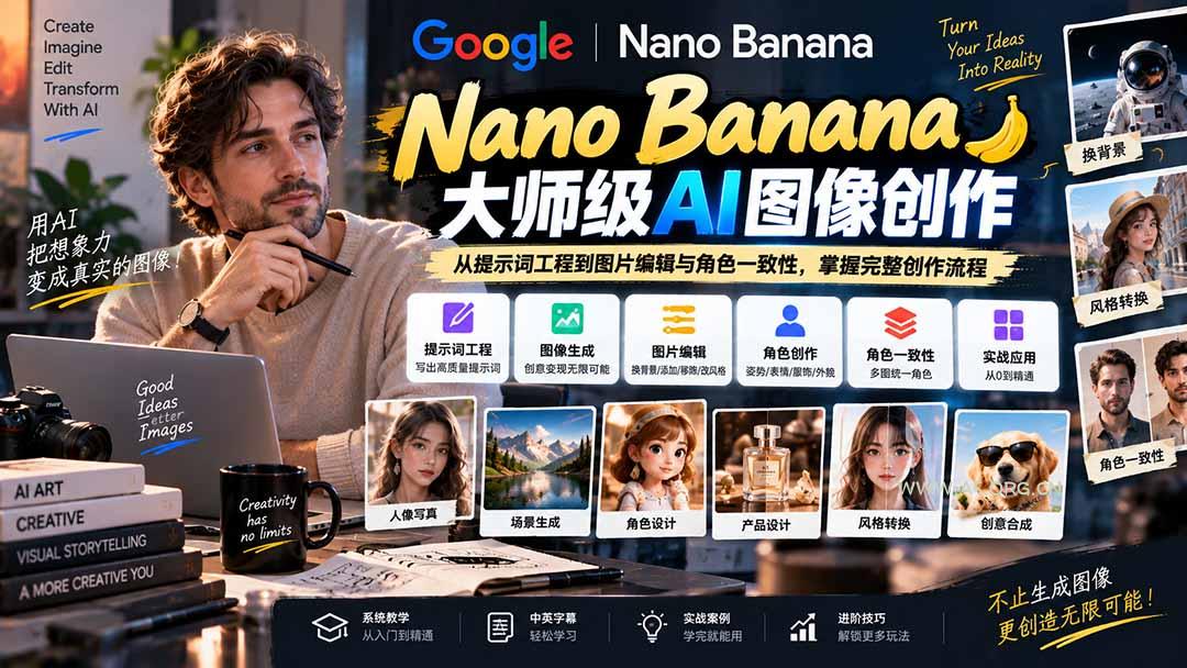 【无水印】Nano Banana大师级AI图像实战课:从提示词工程到图片编辑与角色一致性,掌握完整创作流程-小红泡