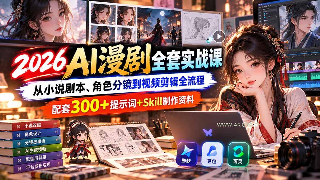 【无水印】2026AI漫剧全套实战课:从小说剧本、角色分镜到视频剪辑全流程,配套300+提示词+Skill制作资料-小红泡