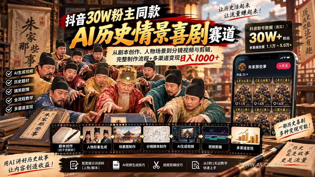 抖音30W粉博主同款AI历史情景喜剧赛道:从剧本创作、人物场景到分镜视频与剪辑,完整制作流程+多渠道变现日入1000+-小红泡