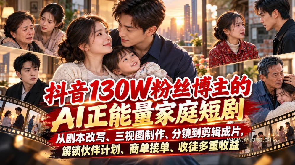 抖音130W粉丝博主的AI正能量家庭短剧，从剧本改写、三视图制作、分镜到剪辑成片，解锁伙伴计划、商单接单、收徒多重收益-小红泡