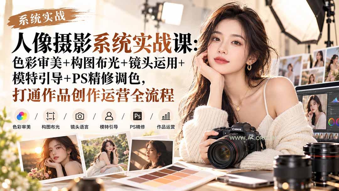 【无水印】人像摄影系统实战课:色彩审美+构图布光+镜头运用+模特引导+PS精修调色,打通作品创作运营全流程-小红泡