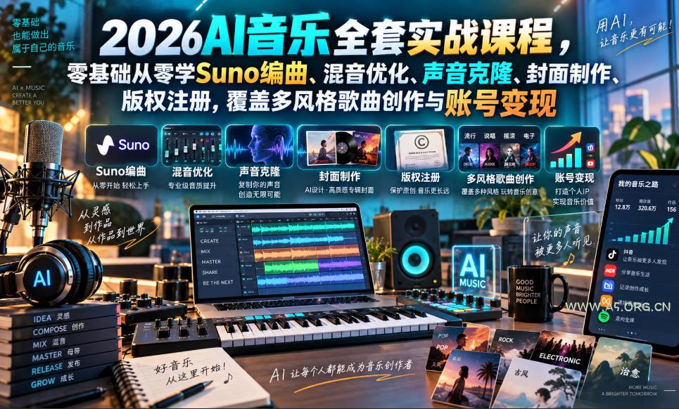 2026AI音乐实战课程，零基础从零学Suno编曲、混音优化、声音克隆、版权注册，覆盖多风格歌曲创作与账号变现(更新0924)-小红泡