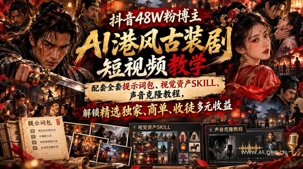 抖音48W粉博主AI港风古装剧短视频教学，配套全套提示词包、视觉资产SKILL、声音克隆教程，解锁精选独家、商单、收徒多元收益-小红泡