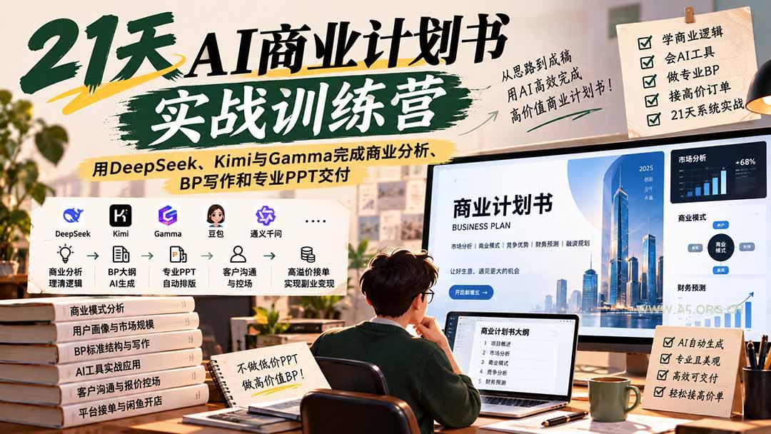 【无水印】21天AI商业计划书实战训练营:用DeepSeek、Kimi与Gamma完成商业分析、BP写作和专业PPT交付-小红泡